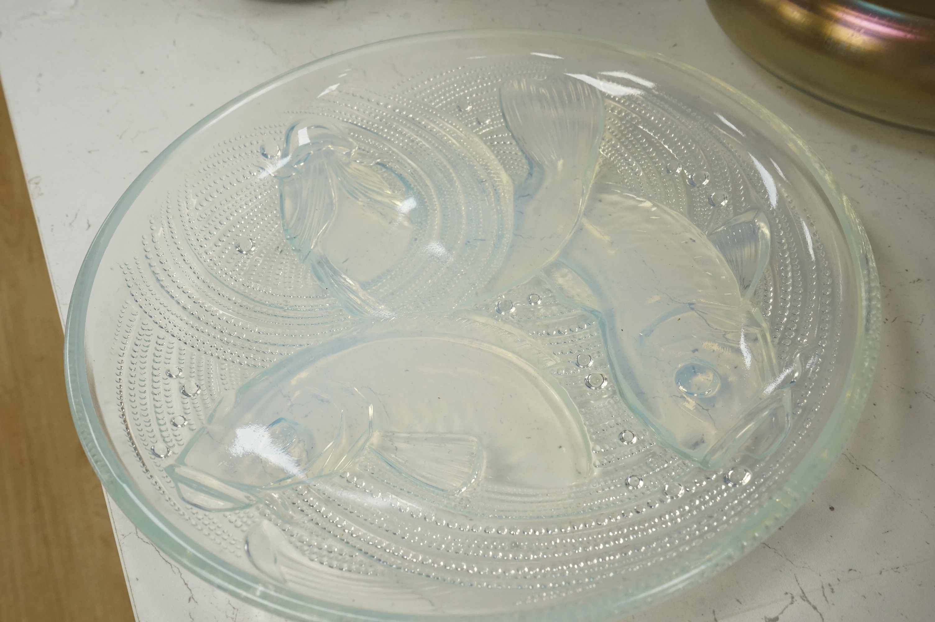 A Baccarat Argentina botanical decanter and a stopper, a Lalique-style opalescent dish and a glass lustre bowl, largest 30cm in diameter